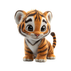 Fluffy 3D Cartoon Tiger Cub with Bold Stripes Isolated on Transparent Background