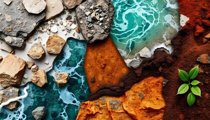 A stunning collage of various Earth textures rock, water, soil, and foliage blended into a captivating abstract background