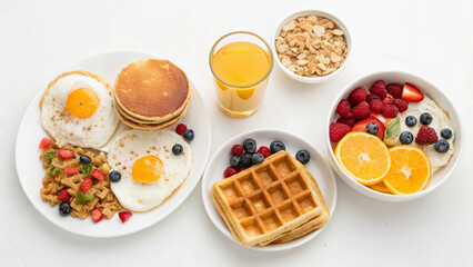 Breakfast set: fried eggs, pancakes, fruit, orange juice on a white background