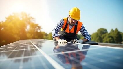 A worker installing solar panels on a sunny day, promoting renewable energy