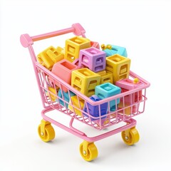 3D icon cartoon shopping cart filled with colorful boxes isolated on a white background --quality 2