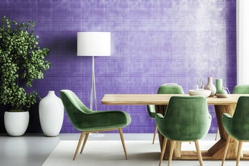 Modern dining room, purple wall, green chairs, interior design, home decor