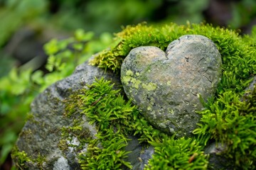 Heart shaped rock nestled amidst vibrant green moss evokes feelings of serenity and connection with nature