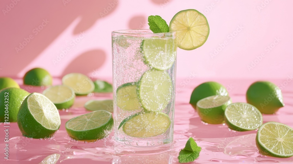 Poster refreshing sparkling drink with lime slices on pink background