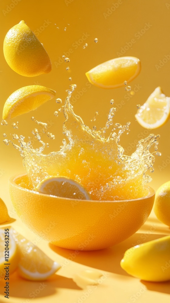 Poster bright lemon slices splash in bowl creating refreshing citrus scene