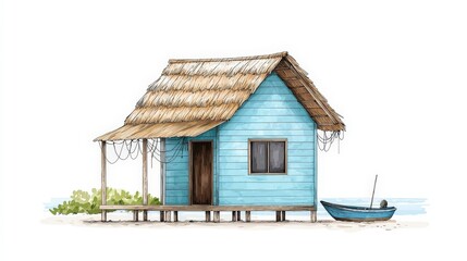 Charming Coastal Cottage with Thatched Roof and Fishing Boat by Tranquil Shoreline