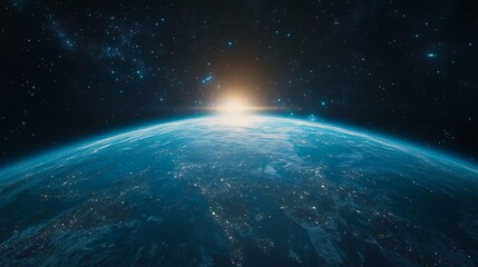 Fototapeta premium A blue glowing light shines down on the Earth