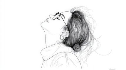 Fototapeta premium Line art portrait of a woman with sunglasses and flowing hair in a minimalist style