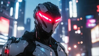 Futuristic Cybernetic Warrior Standing Guard in a Neon Cityscape