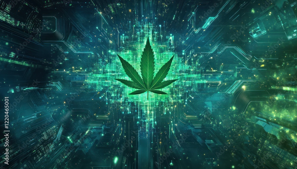 Poster futuristic cannabis leaf embedded within a network of digital circuits