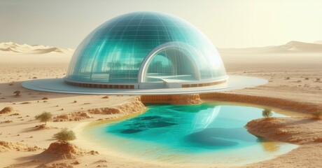 Giant transparent dome encasing a lush oasis in a vast desert. Reflective surface enhances the vibrant contrast between arid sands and shimmering water, futuristic and surreal