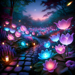 Obraz premium Twilight Garden with Glowing Flowers