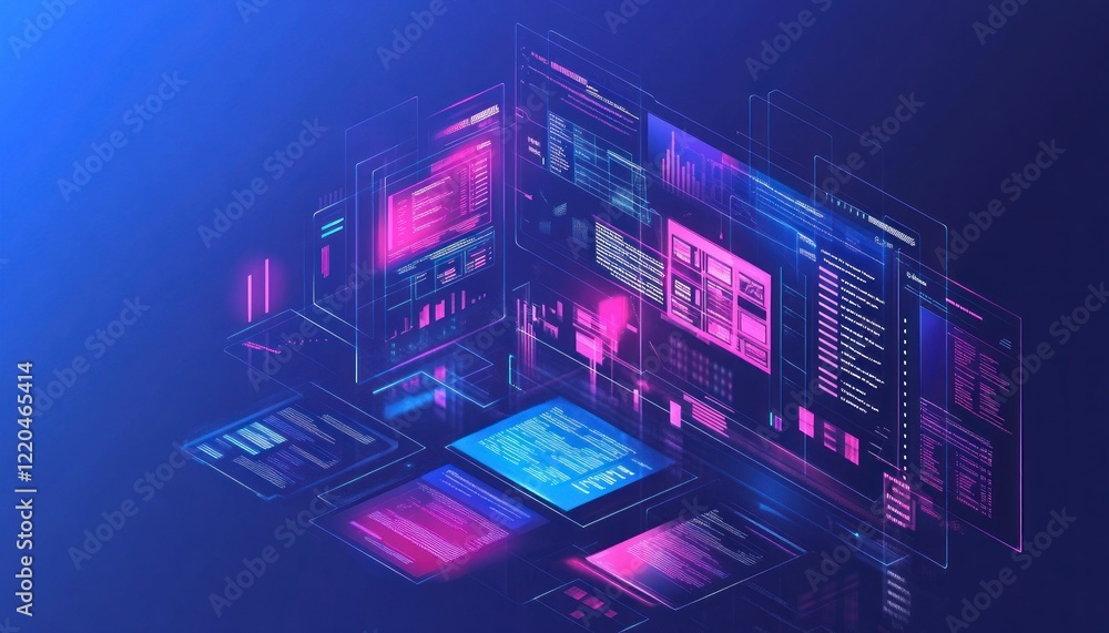 Poster abstract futuristic interface with data flow and visualizations on holographic screens