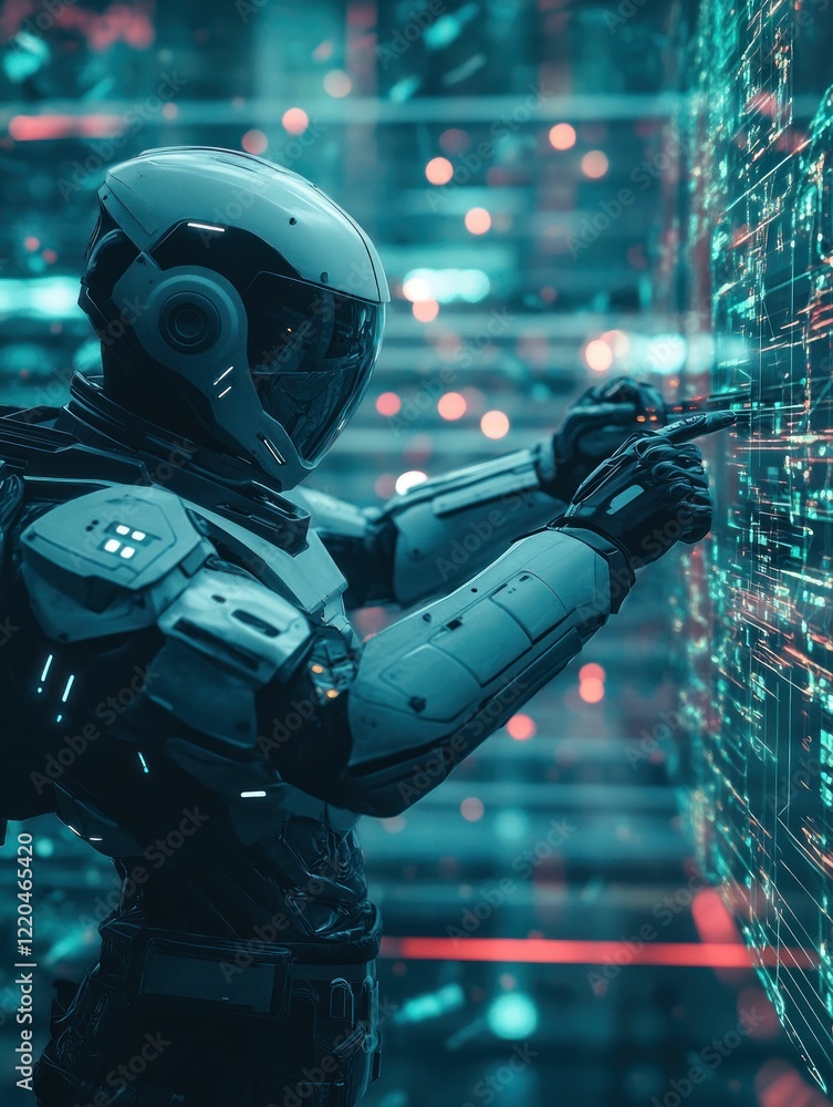 Poster futuristic technician interacting with a holographic interface display system