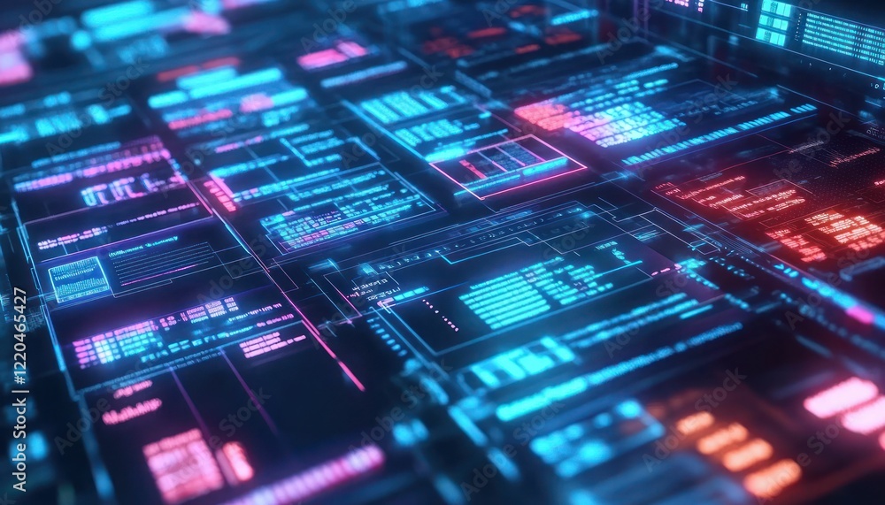 Poster abstract visualization of data flow with neon highlights and dynamic information displays