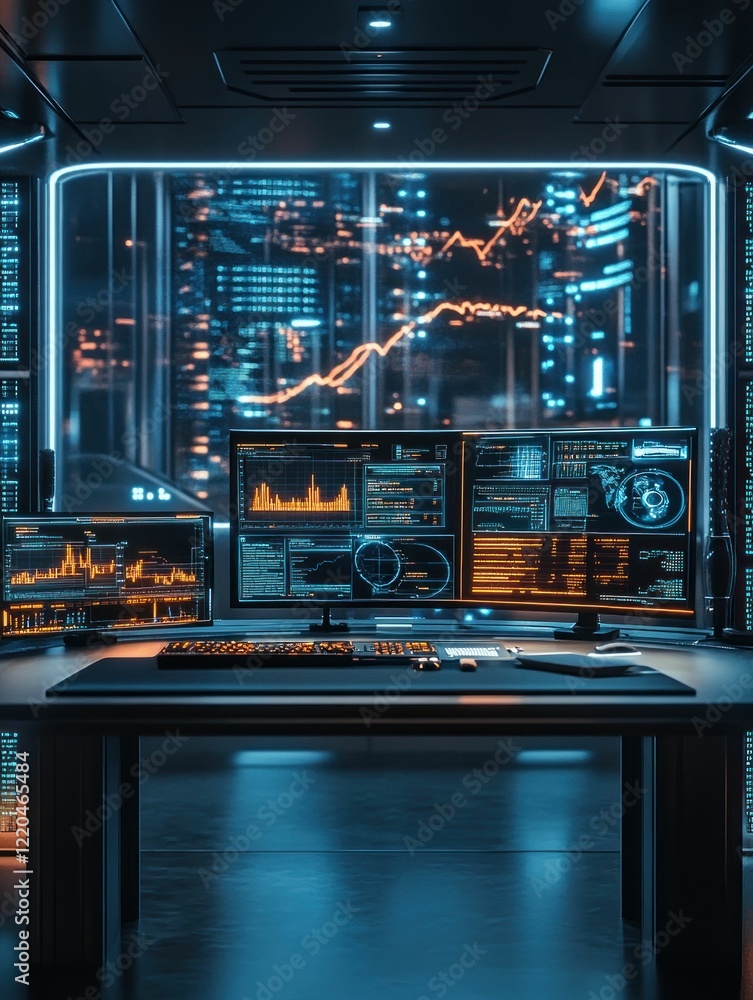 Poster futuristic trading station with multiple monitors displaying stock market analysis and data visualiz