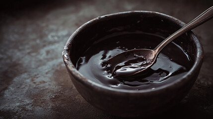 Fototapeta premium Glossy melted chocolate with a spoon dipping in