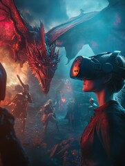 Obraz premium Immersive VR Experience Encountering a Red Dragon in a Fantasy Battle Scene