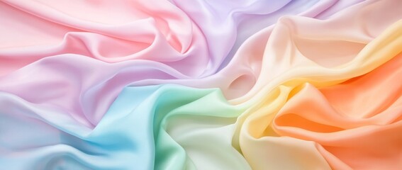 Fototapeta premium Flowing satin drapes in soft pastel rainbow hues create an elegant backdrop for feminine fashion designs