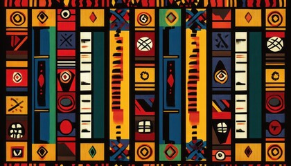 Colorful geometric African textile pattern with geometric shapes and vibrant colors