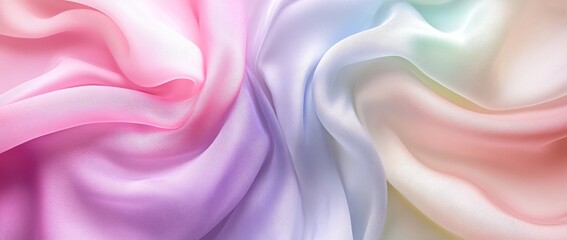 Obraz premium Flowing satin drapes in soft pastel rainbow hues create an elegant backdrop for feminine fashion designs