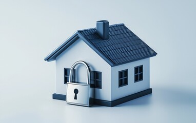 A detailed 3D icon of a house with sharp edges and a metallic lock symbol embedded in the front, isolated on a clean white background with subtle shadows