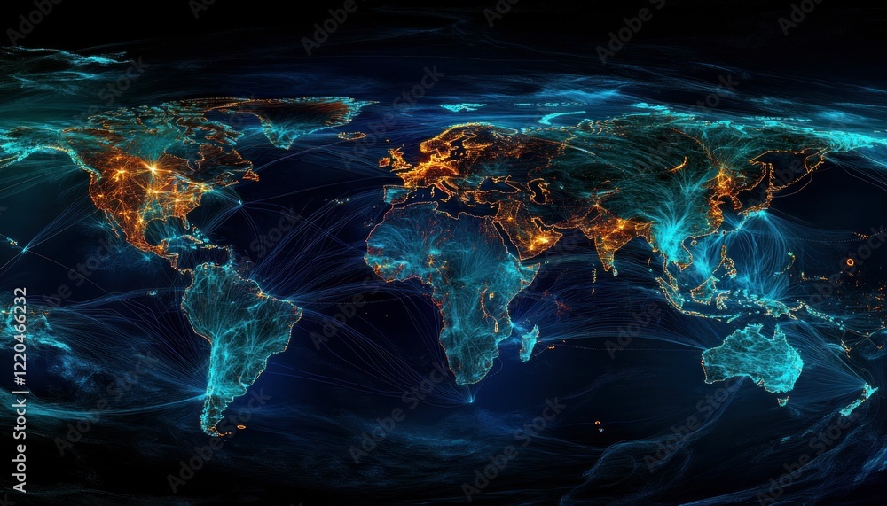 Poster global connections network on a world map with glowing details and lines