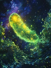 Fototapeta premium Luminous Cosmic Cell Floating Amidst a Starry Universe with Alien Flora