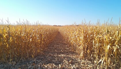 Golden cornfield pathway under clear blue sky inviting a serene rural walk