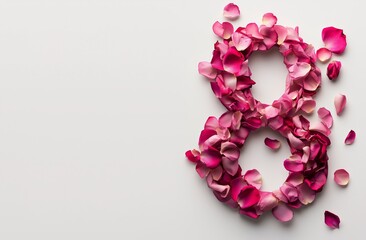 Pink rose petals arranged in the shape of the number eight on a white background
