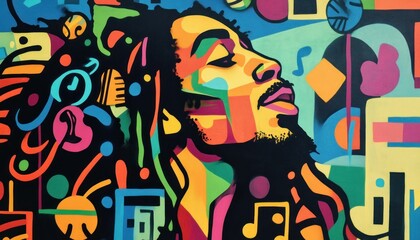 Colorful portrait of a musician surrounded by abstract shapes and musical notes