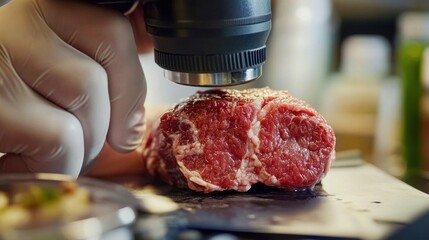 Close-up examination of raw meat under a microscope in a professional kitchen setting