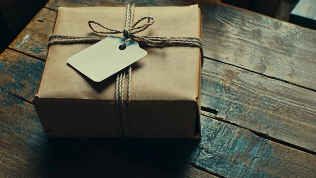 Wrapped package resting on rustic wooden table with twine and tag during daylight hours