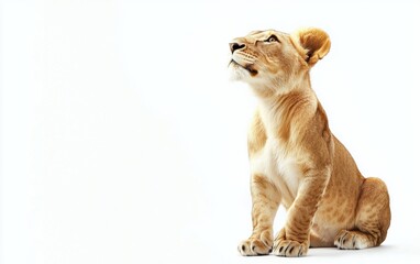 Obraz premium A regal lion sitting upright with a focused gaze, isolated on a bright white background