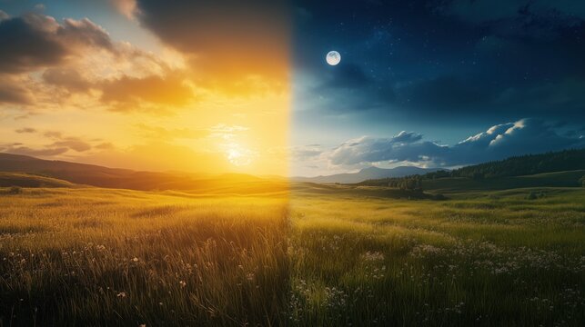 A harmonious scene showing day and night merging, with the sun on one side and the moon on the other, representing the Spring Equinox.