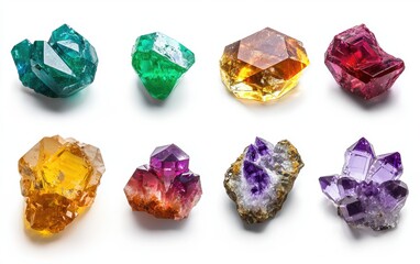 Fototapeta premium A set of colorful crystal icons featuring emeralds, rubies, sapphires, and amethysts in polished 3D style, all neatly arranged on a white background