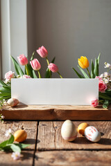 Generated imaBlank card with tulips and Easter eggs on rustic wooden tablege