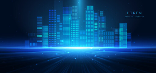 Modren glowing night cityscape on dark blue background with lighting effect and sparkle.