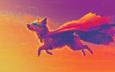 A dog in a superhero cape and mask flying across a gradient sky of purple and orange.