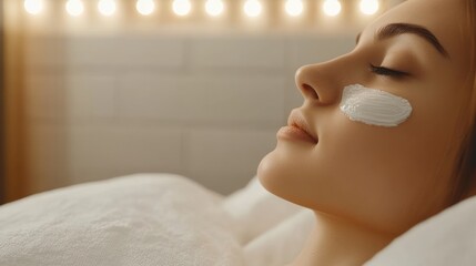 Naklejka premium Professional cosmetologist spreading rejuvenating facial mask on relaxed woman during skincare treatment in peaceful spa environment with gentle illumination