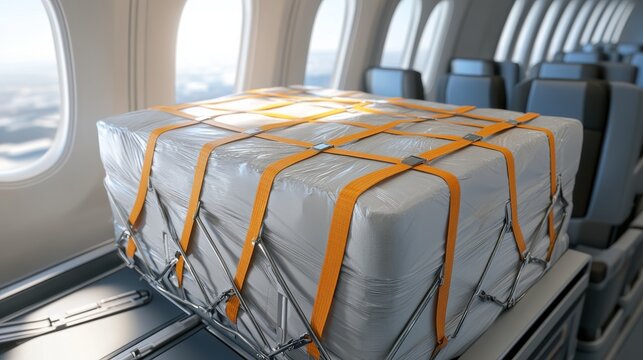 Cargo secured in an airplane cabin with bright sunlight illuminating the interior