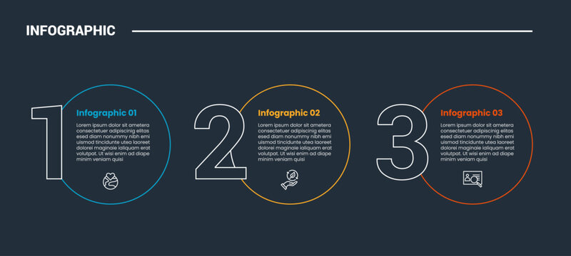 process stages workflow infographic dark outline for slide presentation with outline circle and number on side with 3 point list