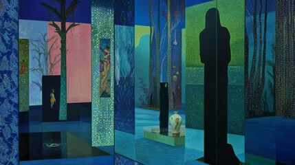 Abstract Reflections in Colorful Art Installation with Mirrors and Silhouettes