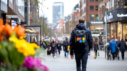 Fototapeta premium Man Walking Through a Busy City Street
