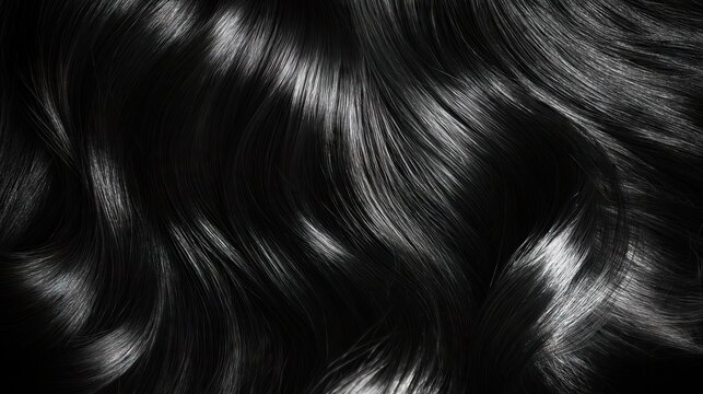 Close-up of waved shiny black-haired hair . Brunette Hair on background, coloring or shades 