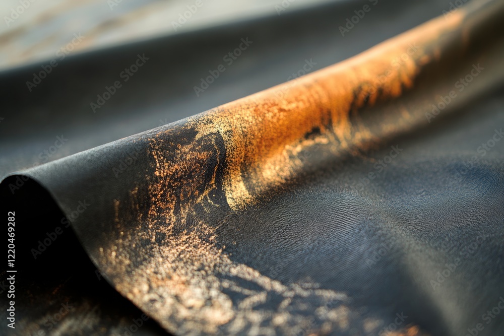 Poster shiny black and brown satin fabric with wavy folds creating a hyper-realistic abstract design in dar