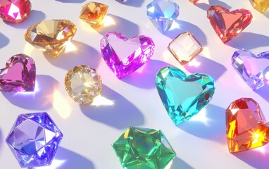 Fototapeta premium A vibrant collection of 3D game gemstones in various shapes like diamonds, hearts, and hexagons, each with a unique glowing effect, isolated on a clean white background