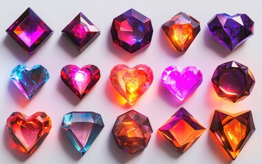 Fototapeta premium A vibrant collection of 3D game gemstones in various shapes like diamonds, hearts, and hexagons, each with a unique glowing effect, isolated on a clean white background