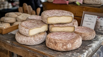 Rounds of artisanal blue cheese, some cut open revealing creamy interior, stacked on a rustic wooden table at a market stall, showcasing traditional cheesemaking