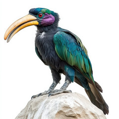 Fototapeta premium Vibrant Hornbill perched on rock, showcasing iridescent plumage.